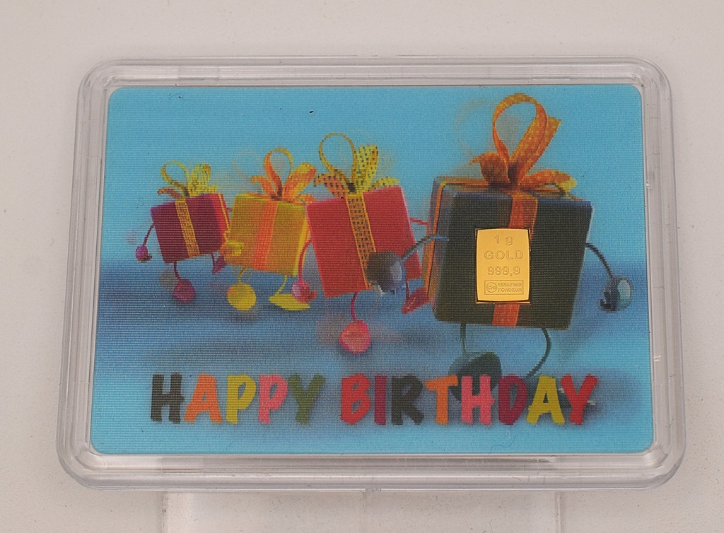 Goldbarren 1 g Geschenkbarren " Happy Birthday " Flip-Bild Valcambi