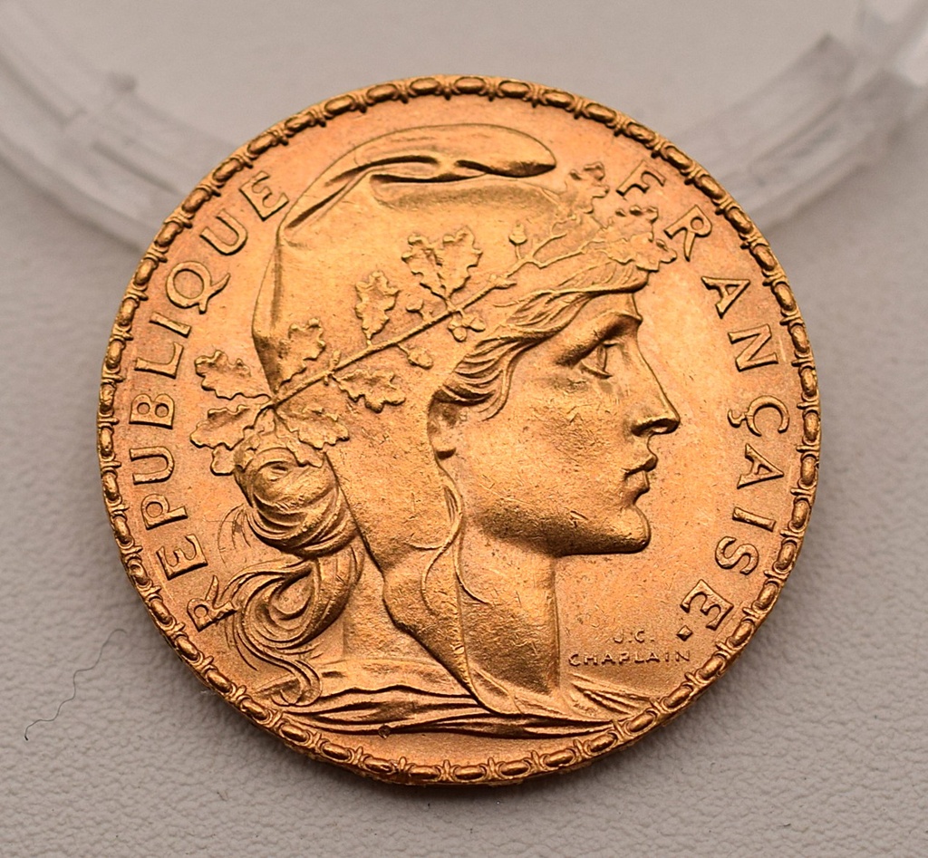 Goldmünze 20 Francs 1913 Marianne / Gallische Hahn (Le Coq)