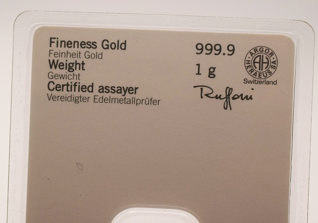 Goldbarren 1 g Heraeus Feingehalt 999,9 geprägt, im Blister eingeschweißt