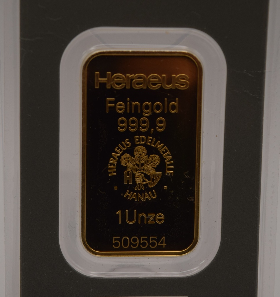 Goldbarren 1 Unze Heraeus Feingehalt 999,9 geprägt