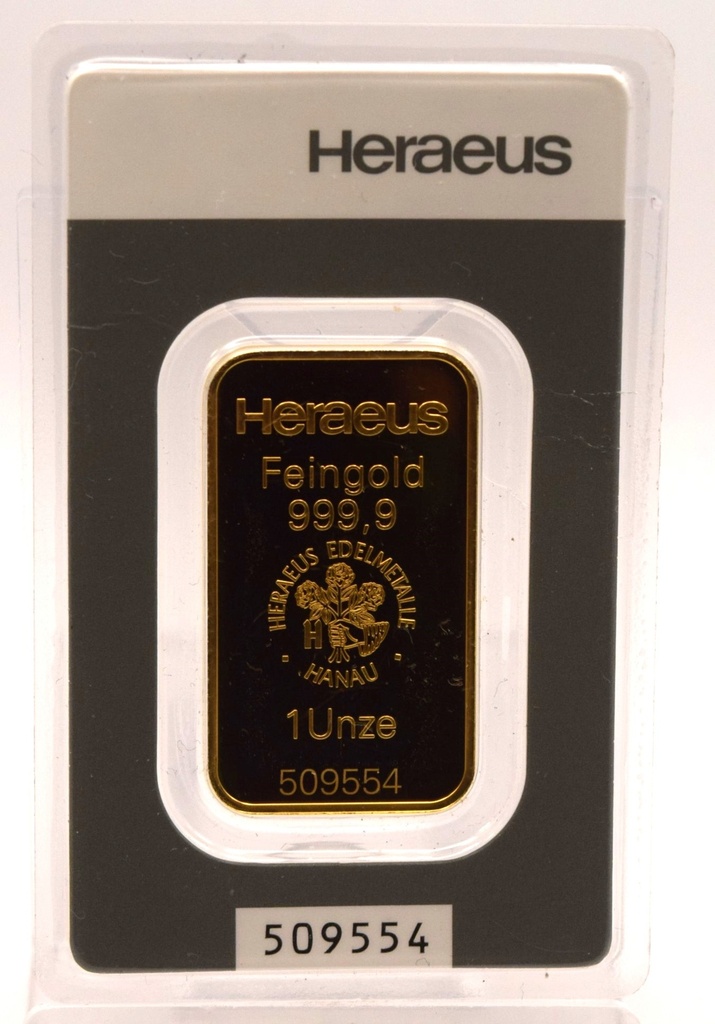 Goldbarren 1 Unze Heraeus Feingehalt 999,9 geprägt