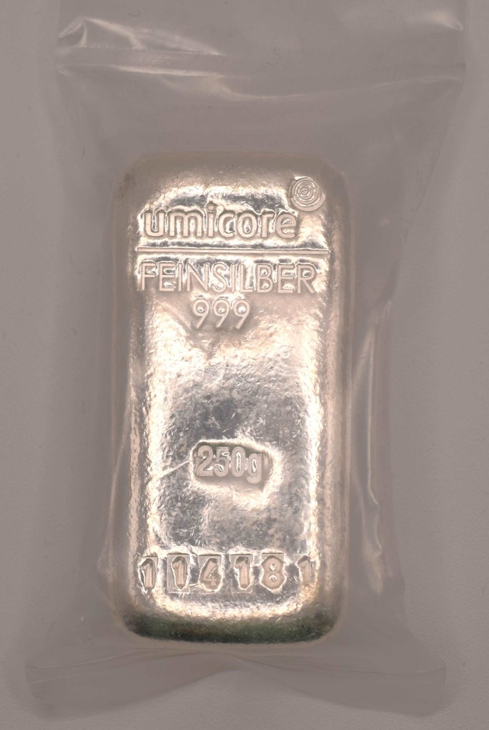 Silberbarren 250 g Umicore gegossen Neuware Anlagebarren Investment