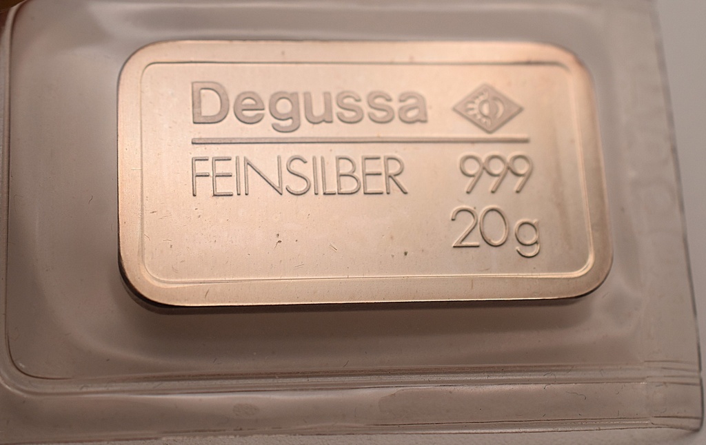 Silberbarren 20 g Degussa geprägt im Folie eingeschweißt
