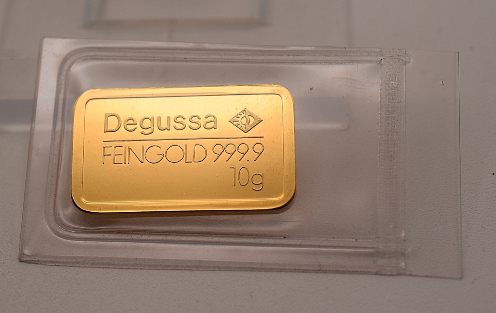 Goldbarren 10 g Degussa Feingehalt 999,9 geprägt, im Blister eingeschweißt