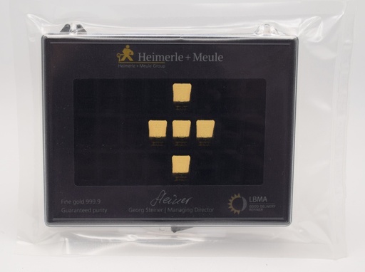 [1565.1.2 / 1565.1.3] Goldbarren 5x 1 g Heimerle + Meule in UnityBox
