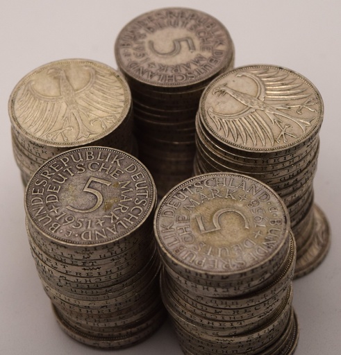 Silbermünze 5 DM verschiedene Jahrgänge 1951-1974 "Junk-Coins"