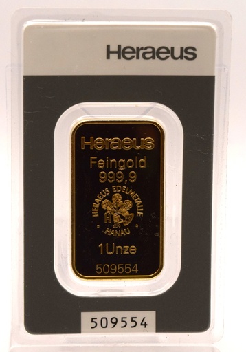 [[2457.1]] Goldbarren 1 Unze Heraeus Feingehalt 999,9 geprägt