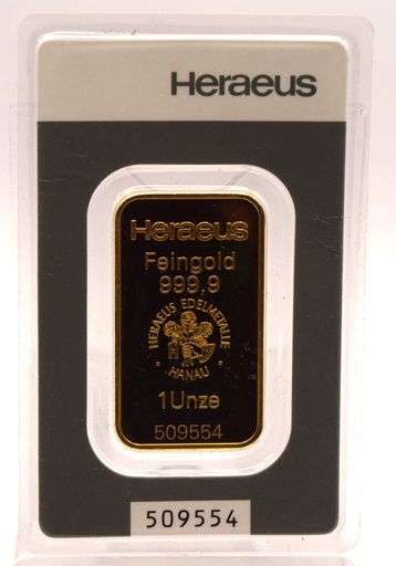 [1589.1] Goldbarren 1 Unze Heraeus Feingehalt 999,9 geprägt