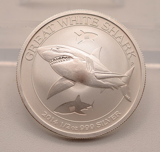 [[2095.3]] Silbermünze 1/2 Unze 2014 Shark Series Weißer Hai 999 Feinsilber