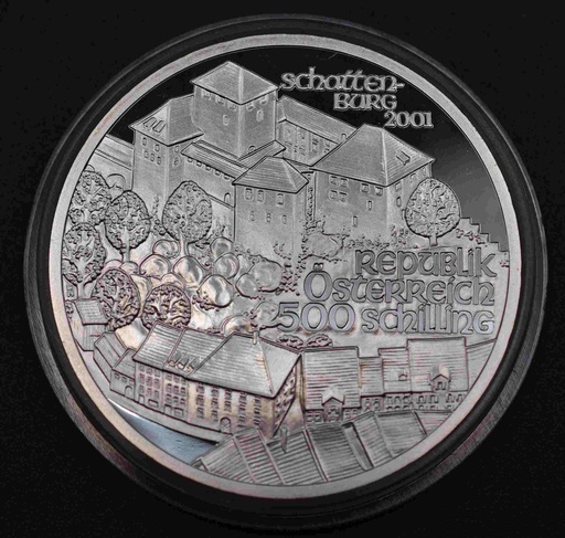 [1061.2.1] Silbermünze PP 500 Schilling Gedenkmünze 2001 "Schattenburg" Österreich