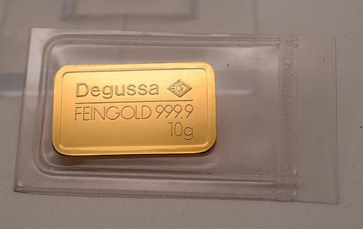 [[2532.1.3]] Goldbarren 10 g Degussa Feingehalt 999,9 geprägt, im Blister eingeschweißt