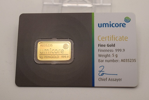 [[2528.8.1]] Goldbarren 5 g Umicore geprägt im speziellen Blister eingeschweißt