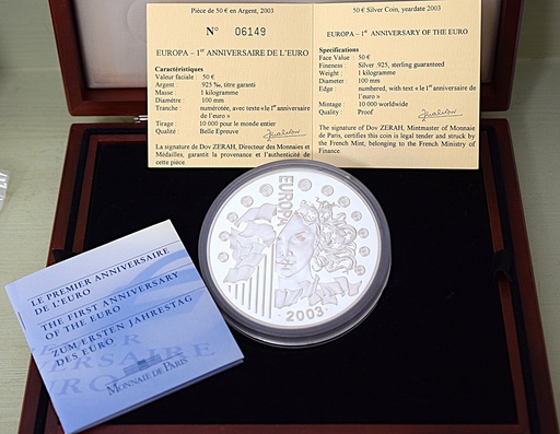 [[2565.1]] Silbermünze 1 kg / 1000 g Frankreich 50 Euro 2003 1. Jahrestag - Euro-Einführung limitiert